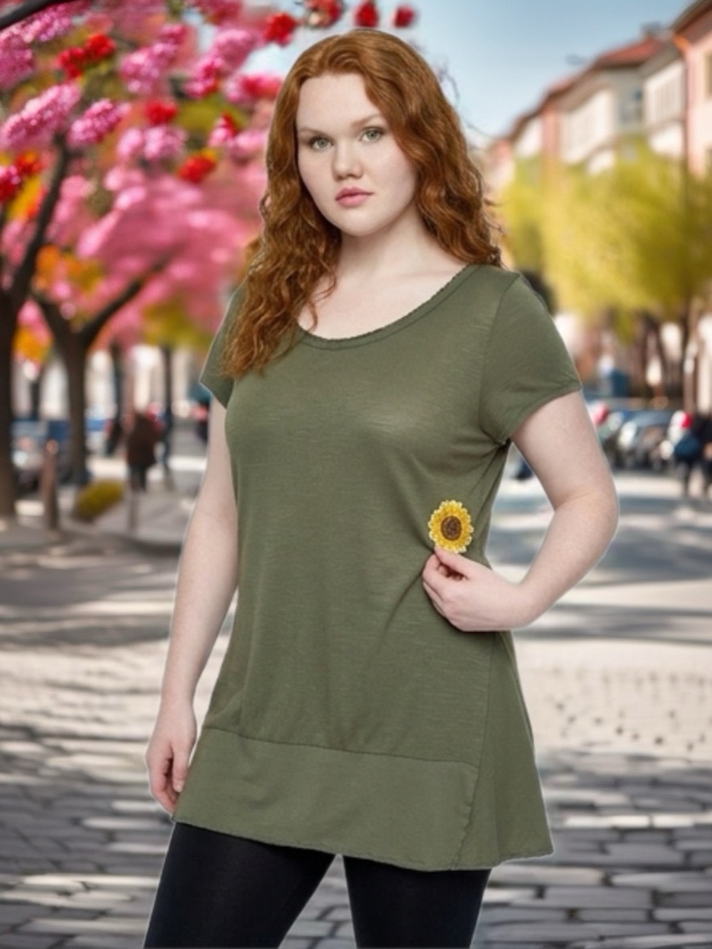 Olive Green Short Sleeve Women's Tunic Top